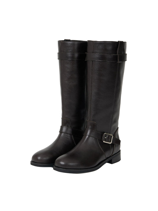 NOIR BUCKLE STRAP LEATHER BOOTS (ORGAN BROWN) - Atelier de LUMEN