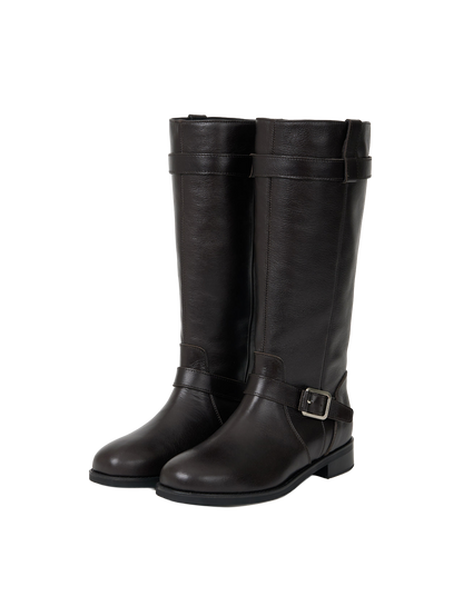 NOIR BUCKLE STRAP LEATHER BOOTS (ORGAN BROWN)