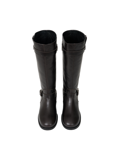 NOIR BUCKLE STRAP LEATHER BOOTS (ORGAN BROWN)