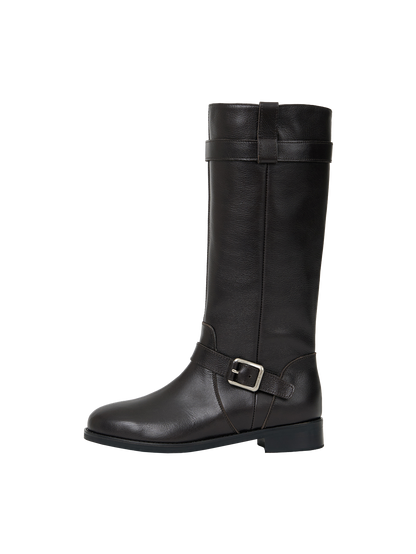 NOIR BUCKLE STRAP LEATHER BOOTS (ORGAN BROWN)