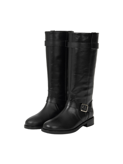 NOIR BUCKLE STRAP LEATHER BOOTS (SOFT BLACK)