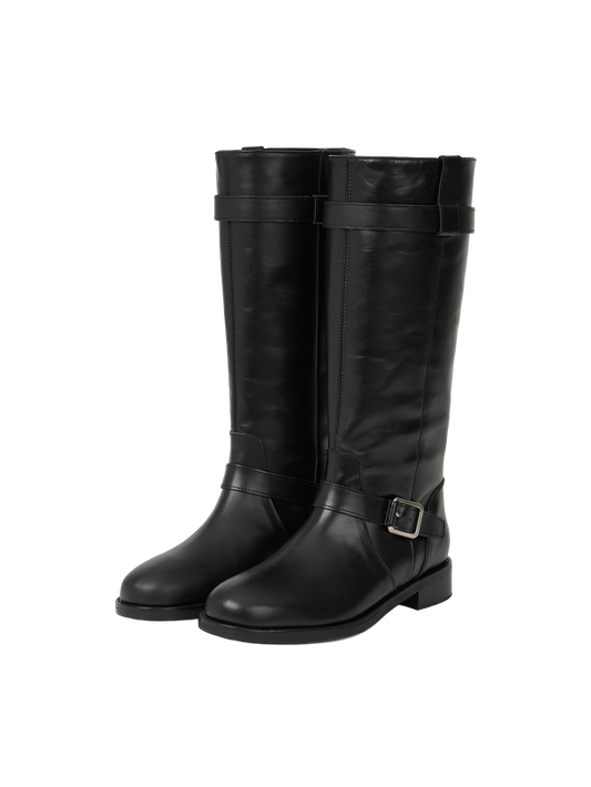 NOIR BUCKLE STRAP LEATHER BOOTS (SOFT BLACK)