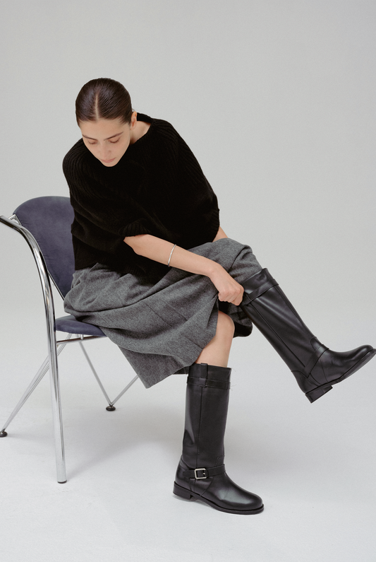 NOIR BUCKLE STRAP LEATHER BOOTS (SOFT BLACK)