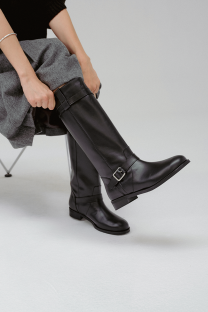 NOIR BUCKLE STRAP LEATHER BOOTS (SOFT BLACK)