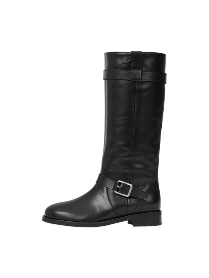 NOIR BUCKLE STRAP LEATHER BOOTS (SOFT BLACK)